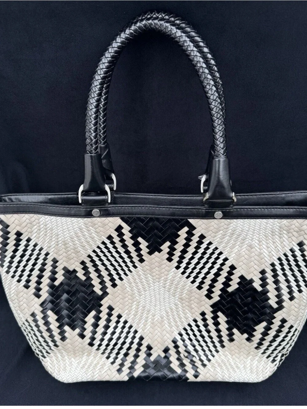 Cole Haan Black/Cream Woven genuine leather BrandNEw W/out tag East West tote